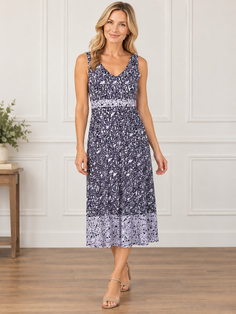 Charter Club Dark Navy and White A-line Empire Waist V-Neck Midi Dress Size PP